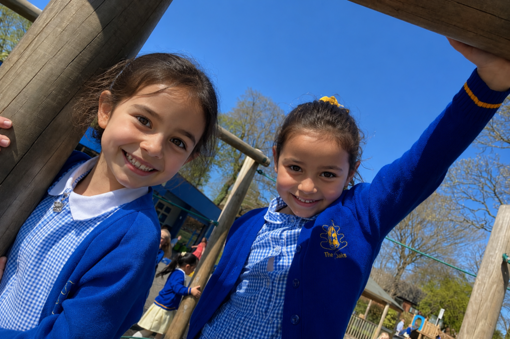 smiling girls playing on the climbing frame